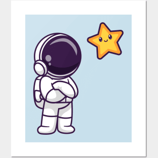 Cute Astronaut Looking Star In Space Cartoon Posters and Art